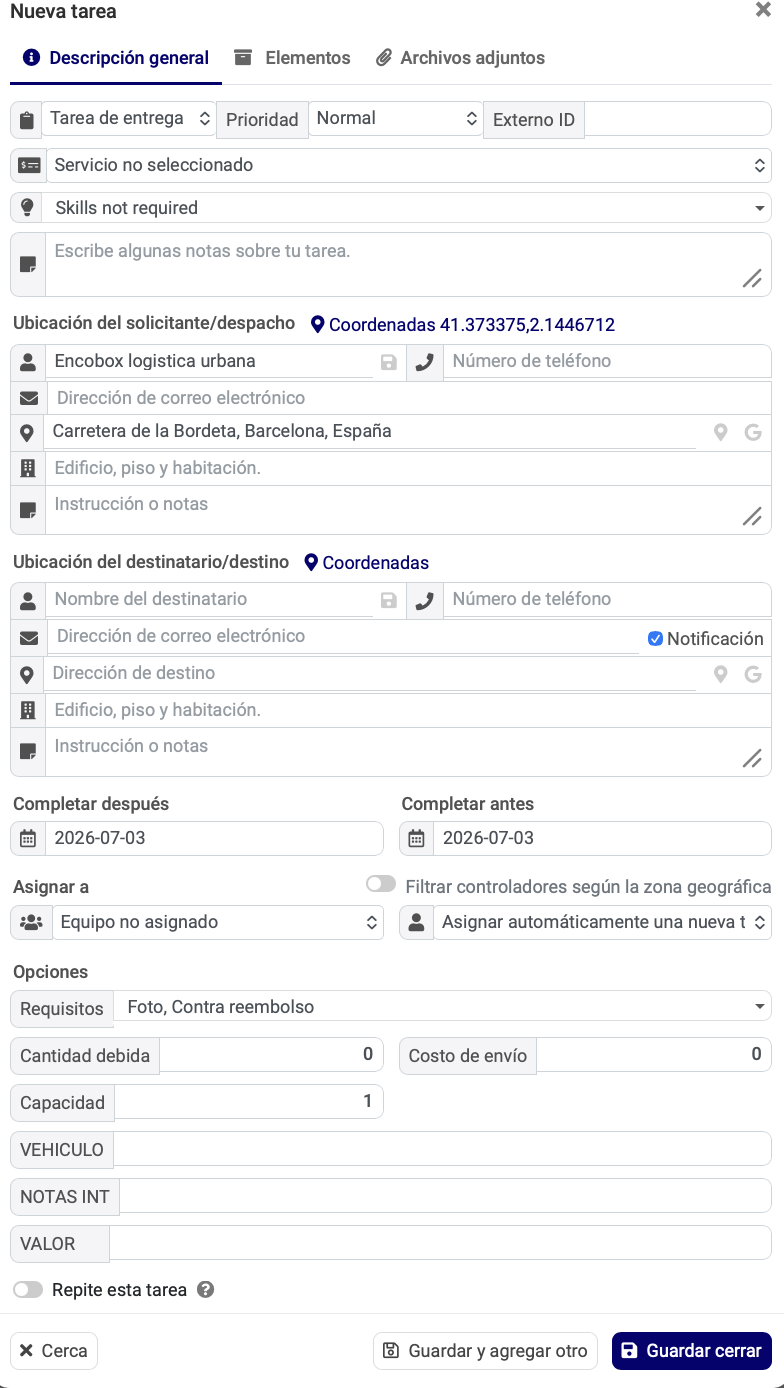 Panel de cliente de Encobox para crear nuevas tareas de entrega